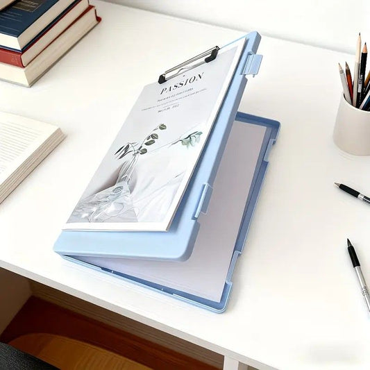 A4 File Box Clip Board 2-in-1, Large Capacity Storage, Strong Metal Clip, Corner Protection Design, Writing Pad, Essential for Organizing Documents/sky blue