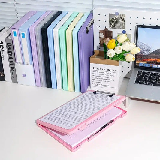 A4 File Box Clip Board 2-in-1, Large Capacity Storage, Strong Metal Clip, Corner Protection Design, Writing Pad, Essential for Organizing Documents/PINK