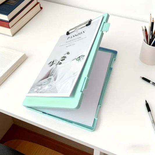 A4 File Box Clip Board 2-in-1, Large Capacity Storage, Strong Metal Clip, Corner Protection Design, Writing Pad, Essential for Organizing Documents/GREEN