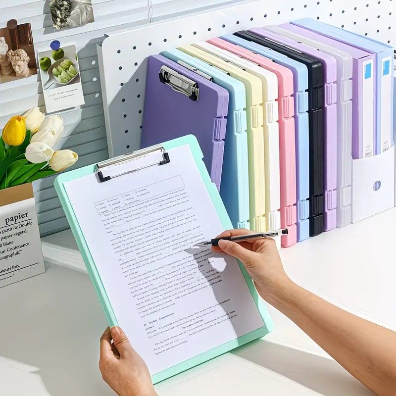 A4 File Box Clip Board 2-in-1, Large Capacity Storage, Strong Metal Clip, Corner Protection Design, Writing Pad, Essential for Organizing Documents/GREEN