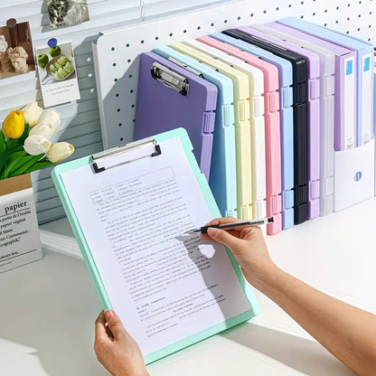 A4 File Box Clip Board 2-in-1, Large Capacity Storage, Strong Metal Clip, Corner Protection Design, Writing Pad, Essential for Organizing Documents/GREEN