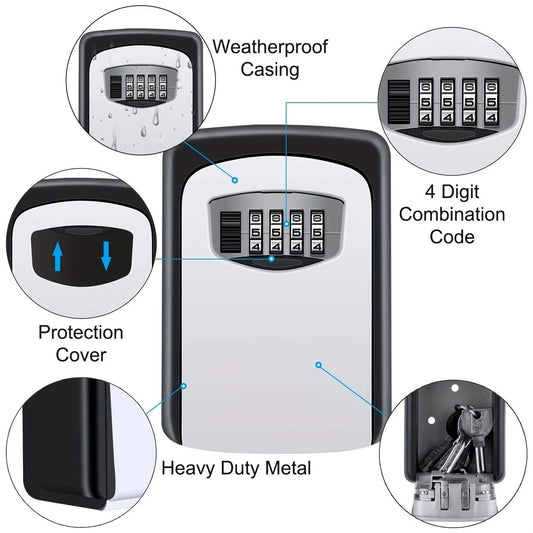 Household Wall-Mounted Key Box, Waterproof Secure Key Lockbox with Combination Lock, Large-Capacity Outdoor Key Safe for Storing Spare House Keys.BLACK
