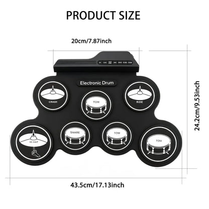 Portable Roll-Up Electronic Drum: Seven Pads with Realistic Feel, Silent Practice, Foldable and Easy to Carry Anywhere