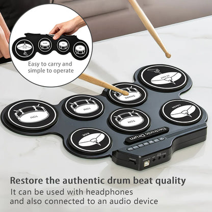 Portable Roll-Up Electronic Drum: Seven Pads with Realistic Feel, Silent Practice, Foldable and Easy to Carry Anywhere