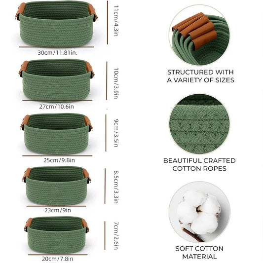 5-piece cotton rope storage basket set, cotton woven with leather handles, multiple sizes for organizing desk sundries, beautiful and practical to enhance space style.（pitch green）