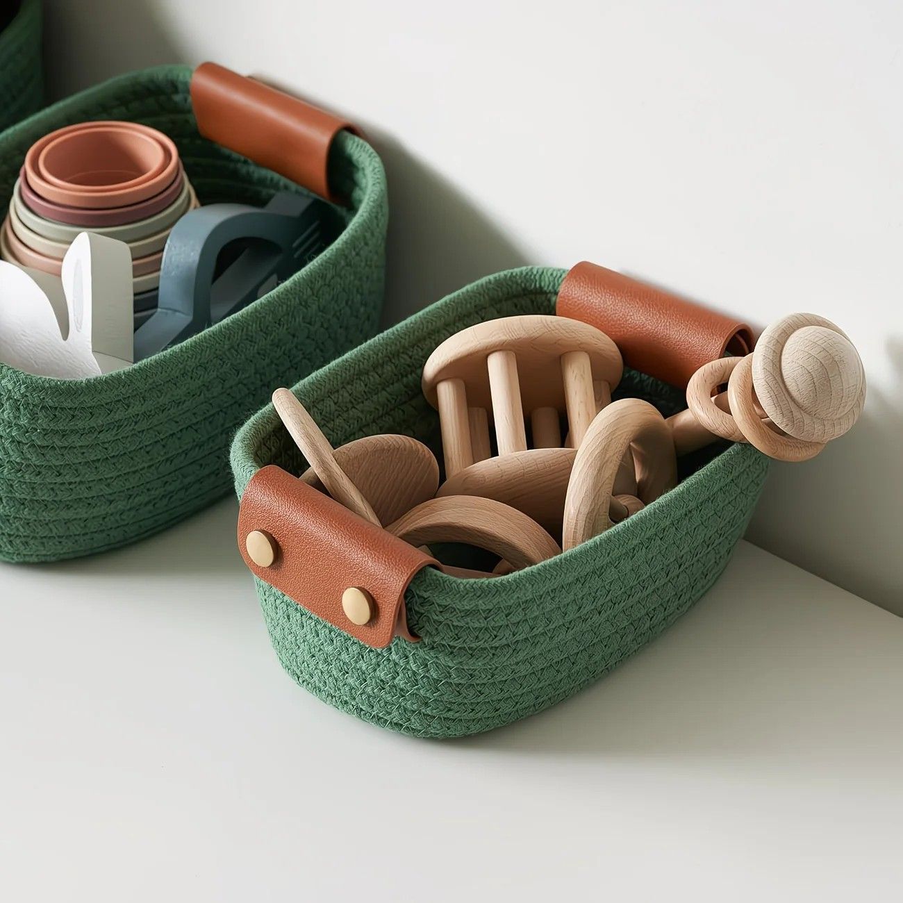 5-piece cotton rope storage basket set, cotton woven with leather handles, multiple sizes for organizing desk sundries, beautiful and practical to enhance space style.（pitch green）