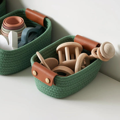 5-piece cotton rope storage basket set, cotton woven with leather handles, multiple sizes for organizing desk sundries, beautiful and practical to enhance space style.（pitch green）