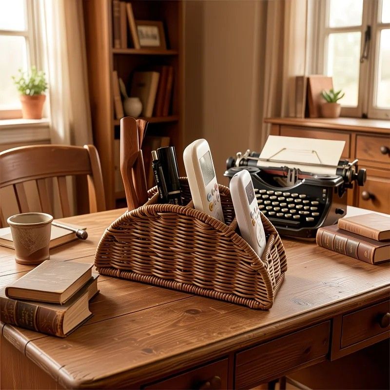 Handwoven Remote Control Storage Box, eco-friendly material, large capacity for categorized storage, fits coffee tables and desktops, easily eliminates clutter, adding a natural and warm touch to your home.(dull grey)
