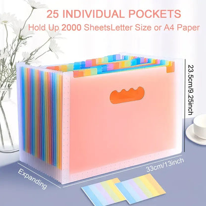 1pcs 25-Slot Expandable Rainbow Accordion Folder, Vertical Multi-Pocket Design, Large Capacity Holds 2000 Sheets, Waterproof and Portable, Great Helper for Office and School Organization