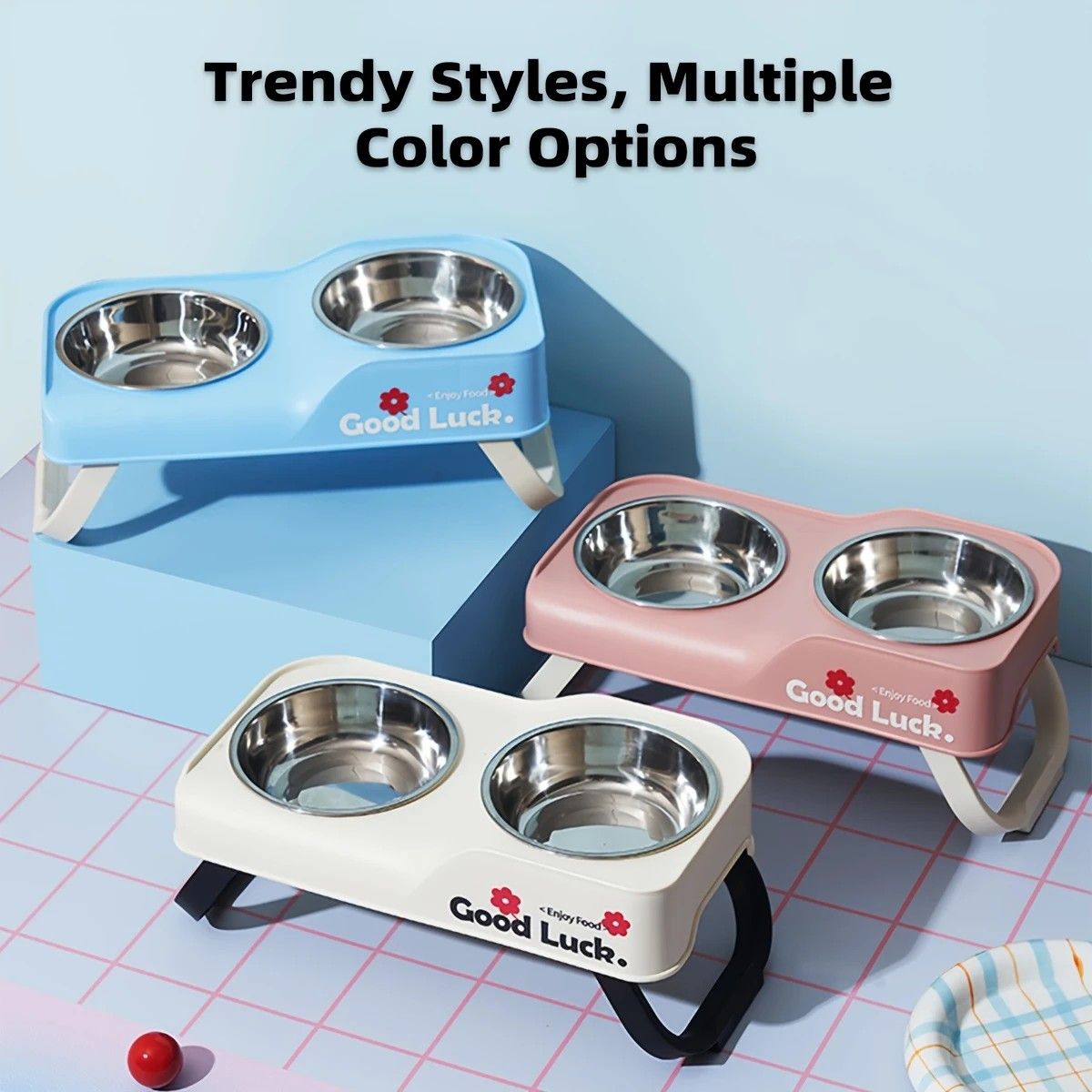 Dopamine Color Pet Bowl Set, Anti-Slip Adjustable Height Design for Small/Medium Dogs and Cats(pink)