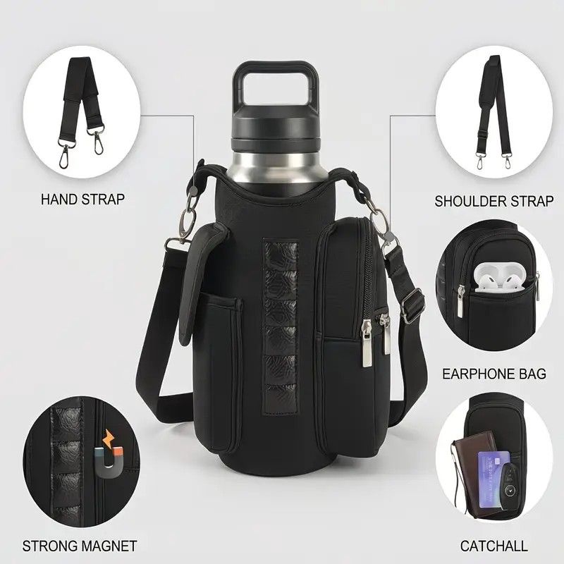 6-Magnet Suction Fitness Water Bottle Bag: Comes with Phone Pocket + Multi-Pocket Crossbody Design, Adjustable Shoulder Strap, Compatible with Treadmill and Squat Rack, Thickened Wear-Resistant Sports Essential/GREY