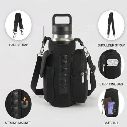 6-Magnet Suction Fitness Water Bottle Bag: Comes with Phone Pocket + Multi-Pocket Crossbody Design, Adjustable Shoulder Strap, Compatible with Treadmill and Squat Rack, Thickened Wear-Resistant Sports Essential/GREY