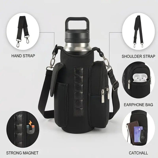 6-Magnet Suction Fitness Water Bottle Bag: Comes with Phone Pocket + Multi-Pocket Crossbody Design, Adjustable Shoulder Strap, Compatible with Treadmill and Squat Rack, Thickened Wear-Resistant Sports Essential/GREY