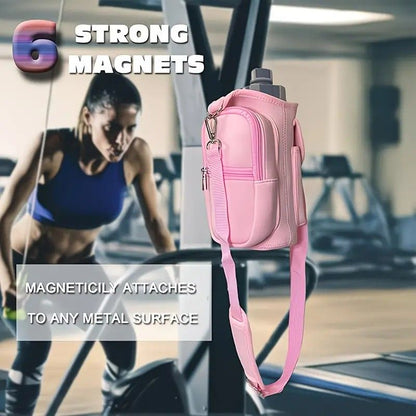 6-Magnet Suction Fitness Water Bottle Bag: Comes with Phone Pocket + Multi-Pocket Crossbody Design, Adjustable Shoulder Strap, Compatible with Treadmill and Squat Rack, Thickened Wear-Resistant Sports Essential/GREY