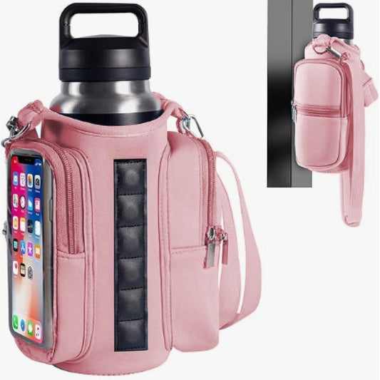 Transparent Single Row 6 Magnet Fitness Water Bottle Bag: HD touchscreen phone pocket, multi-pocket storage, thickened wear-resistant material securely attaches to equipment, one bag handles all sports and travel needs./PINK