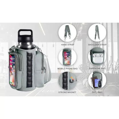 Transparent Single Row 6 Magnet Fitness Water Bottle Bag: HD touchscreen phone pocket, multi-pocket storage, thickened wear-resistant material securely attaches to equipment, one bag handles all sports and travel needs./GREY