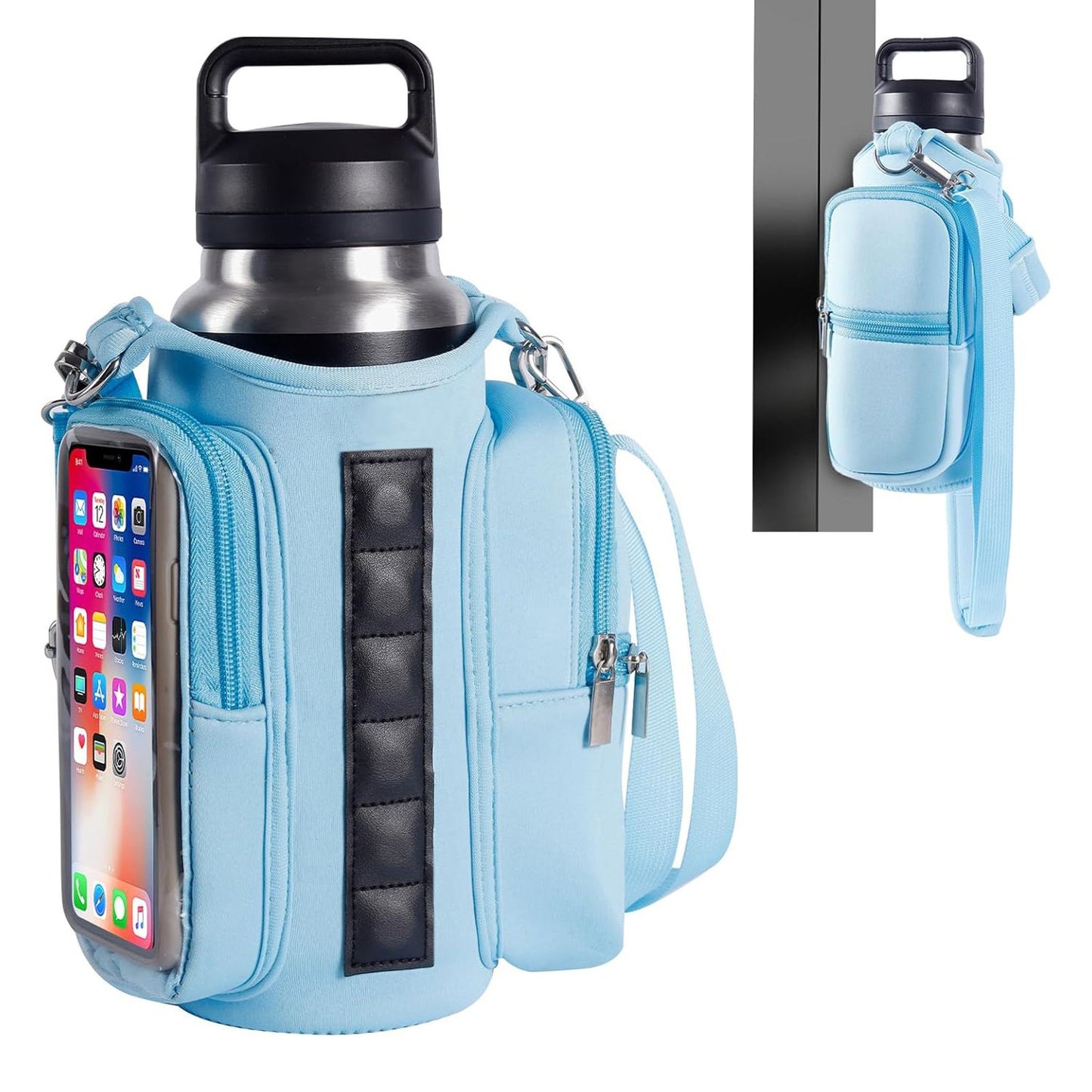 Transparent Single Row 6 Magnet Fitness Water Bottle Bag: HD touchscreen phone pocket, multi-pocket storage, thickened wear-resistant material securely attaches to equipment, one bag handles all sports and travel needs./GREY