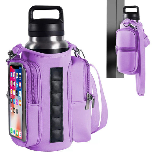 Transparent Single Row 6 Magnet Fitness Water Bottle Bag: HD touchscreen phone pocket, multi-pocket storage, thickened wear-resistant material securely attaches to equipment, one bag handles all sports and travel needs./purple