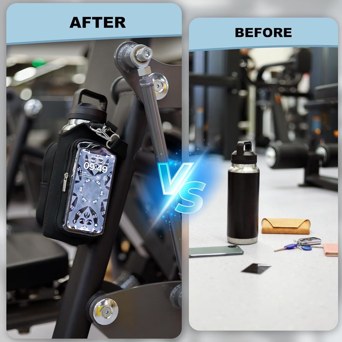 Transparent Single Row 6 Magnet Fitness Water Bottle Bag: HD touchscreen phone pocket, multi-pocket storage, thickened wear-resistant material securely attaches to equipment, one bag handles all sports and travel needs./purple
