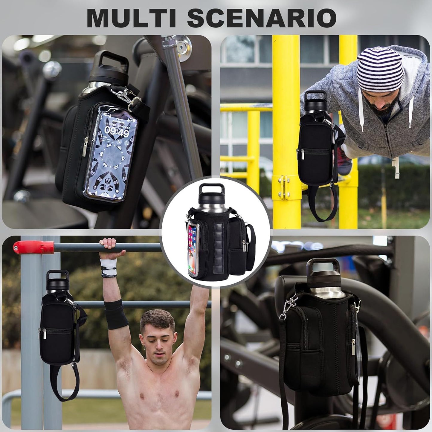 Transparent Single Row 6 Magnet Fitness Water Bottle Bag: HD touchscreen phone pocket, multi-pocket storage, thickened wear-resistant material securely attaches to equipment, one bag handles all sports and travel needs./purple