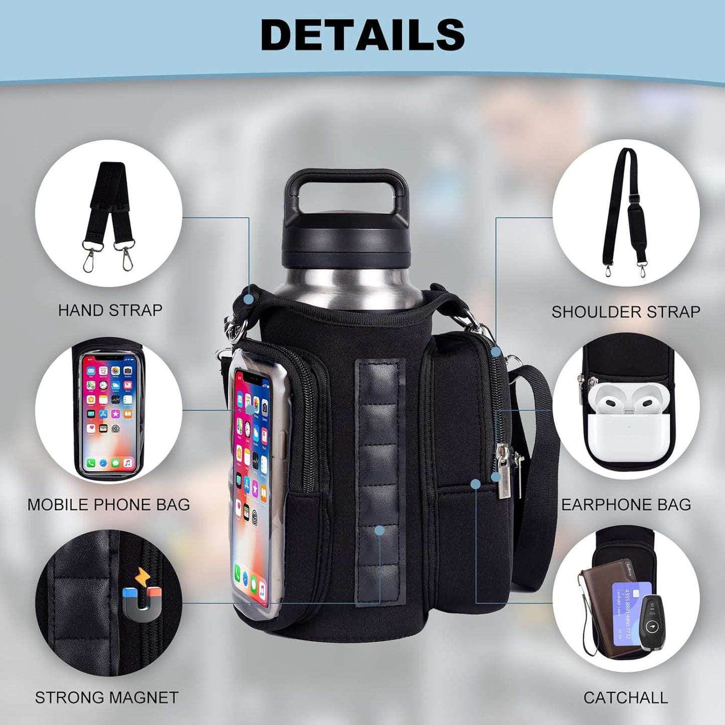 Transparent Single Row 6 Magnet Fitness Water Bottle Bag: HD touchscreen phone pocket, multi-pocket storage, thickened wear-resistant material securely attaches to equipment, one bag handles all sports and travel needs./purple