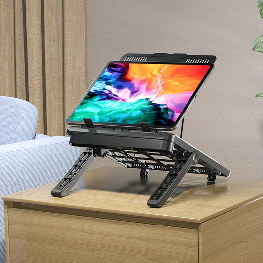 Adjustable laptop stand, designed for 17.3-inch laptops, a portable stand that allows for height adjustment on the desk, and comes with a dedicated phone holder.
