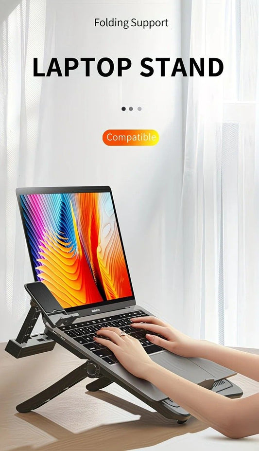 Adjustable laptop stand, designed for 17.3-inch laptops, a portable stand that allows for height adjustment on the desk, and comes with a dedicated phone holder.