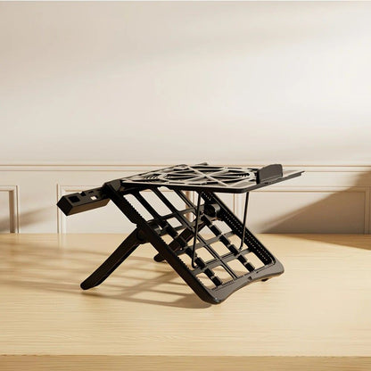 Adjustable laptop stand, designed for 17.3-inch laptops, a portable stand that allows for height adjustment on the desk, and comes with a dedicated phone holder.