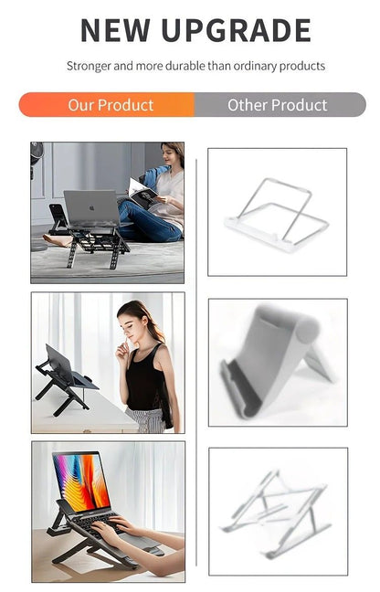 Adjustable laptop stand, designed for 17.3-inch laptops, a portable stand that allows for height adjustment on the desk, and comes with a dedicated phone holder.