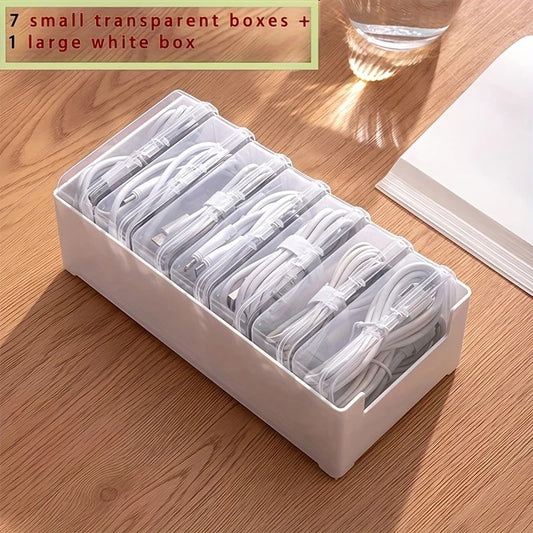 Transparent cable organizer, 7 small + 1 large combo design. Lightweight and durable, stores data cables and chargers, keeps desktop tidy. Ideal storage solution for both home and office.