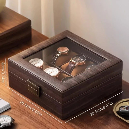 Wood Grain Faux Leather Watch Storage Box - 6-Compartment Dustproof Display Case, Soft Lined Interior, Hinged Flip-Top Lid, Suitable for Home and Retail Use, Decorative Storage Box