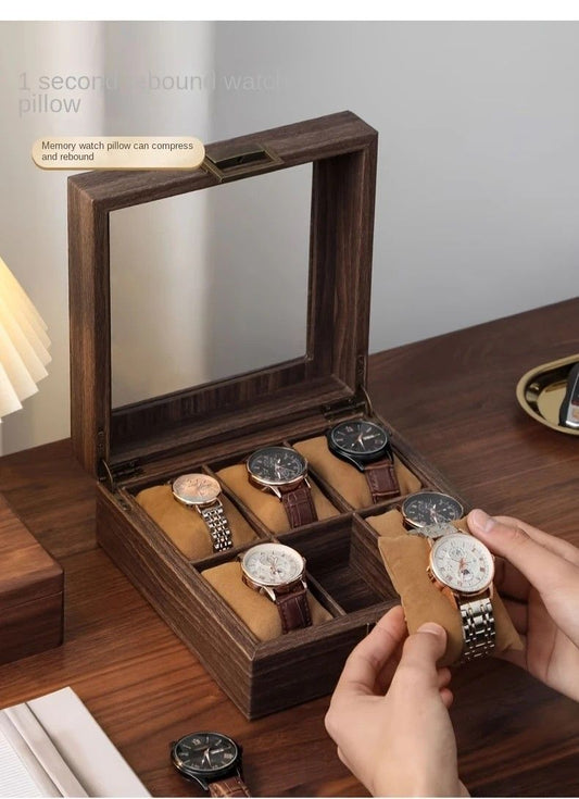 Wood Grain Faux Leather Watch Storage Box - 6-Compartment Dustproof Display Case, Soft Lined Interior, Hinged Flip-Top Lid, Suitable for Home and Retail Use, Decorative Storage Box