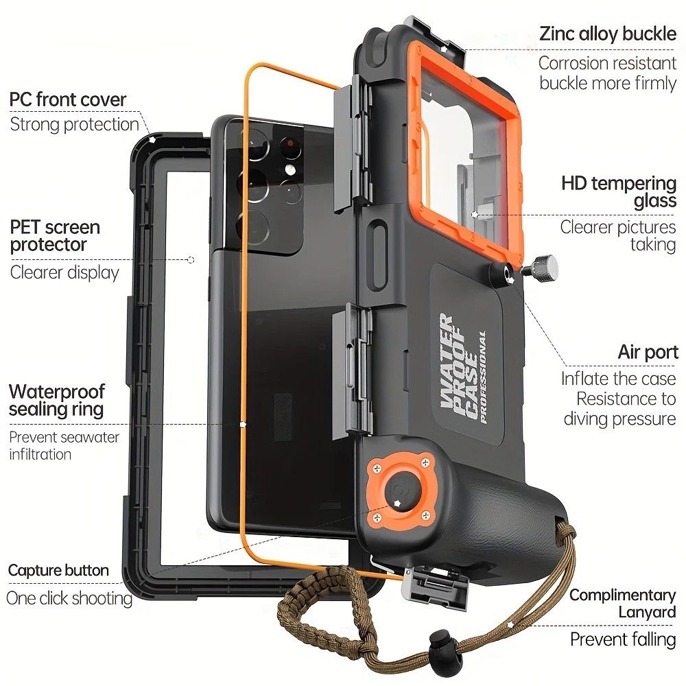 15m Waterproof Phone Case for Diving & Surfing - 1 Hour Underwater Shooting, Dual Seal, Zinc Alloy Buckle, Fits iPhone Samsung Xiaomi up to 6.9 Inch(yellow+black)