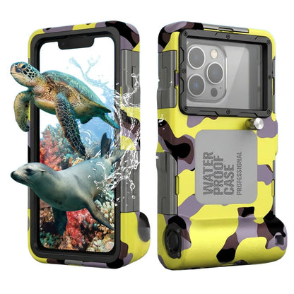 15m Waterproof Phone Case for Diving & Surfing - 1 Hour Underwater Shooting, Dual Seal, Zinc Alloy Buckle, Fits iPhone Samsung Xiaomi up to 6.9 Inch(Camouflage yellow+black)
