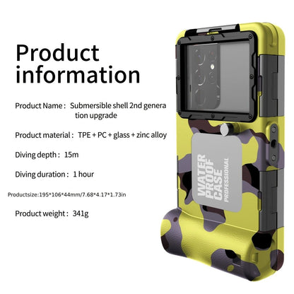 15m Waterproof Phone Case for Diving & Surfing - 1 Hour Underwater Shooting, Dual Seal, Zinc Alloy Buckle, Fits iPhone Samsung Xiaomi up to 6.9 Inch(Camouflage yellow+black)