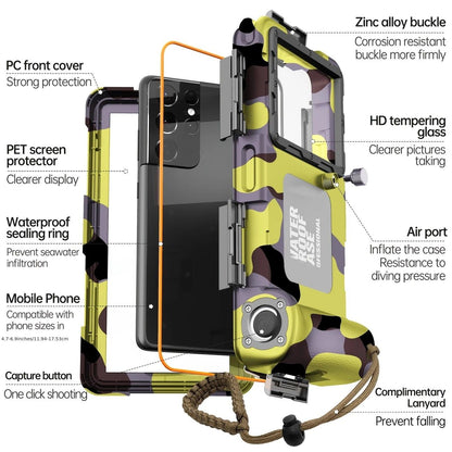 15m Waterproof Phone Case for Diving & Surfing - 1 Hour Underwater Shooting, Dual Seal, Zinc Alloy Buckle, Fits iPhone Samsung Xiaomi up to 6.9 Inch(Camouflage yellow+black)