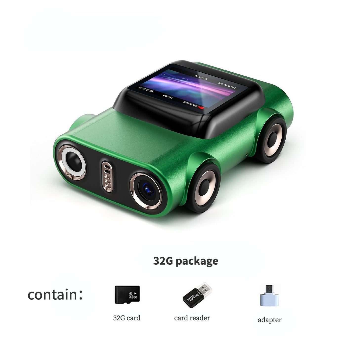 Creative Car-Shaped 2K HD Thumb Camera: Mini & Portable, Auto Focus, Clear in Low Light, Captures Every Wonderful Moment of Childhood and Life（G5 dark green 32G memory card）