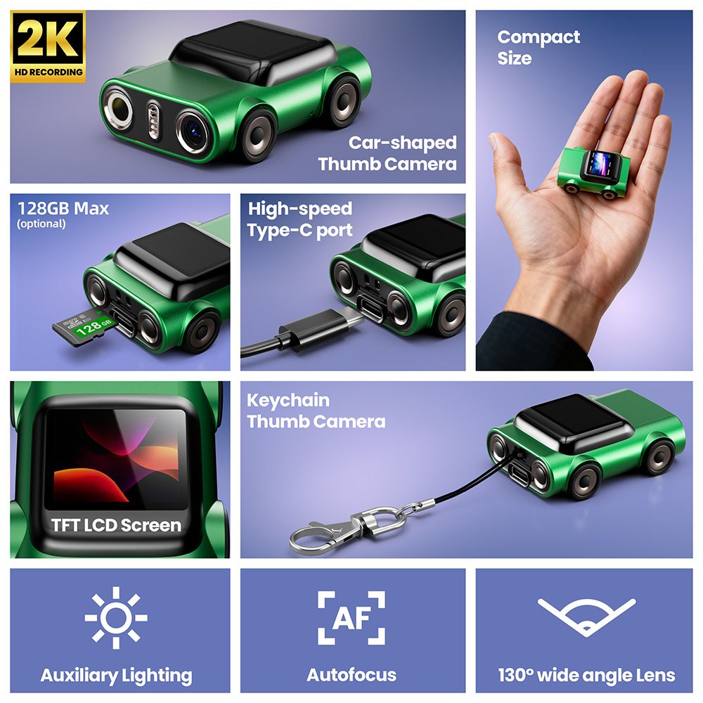 Creative Car-Shaped 2K HD Thumb Camera: Mini & Portable, Auto Focus, Clear in Low Light, Captures Every Wonderful Moment of Childhood and Life（G5 dark green 32G memory card）