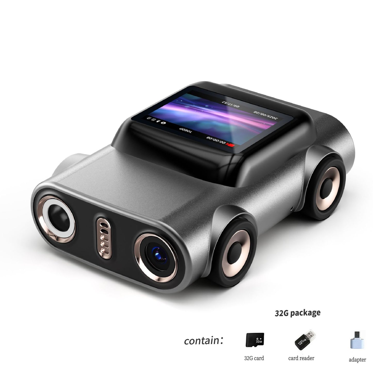 Creative Car-Shaped 2K HD Thumb Camera: Mini & Portable, Auto Focus, Clear in Low Light, Captures Every Wonderful Moment of Childhood and Life(G5 gray 32G memory card）