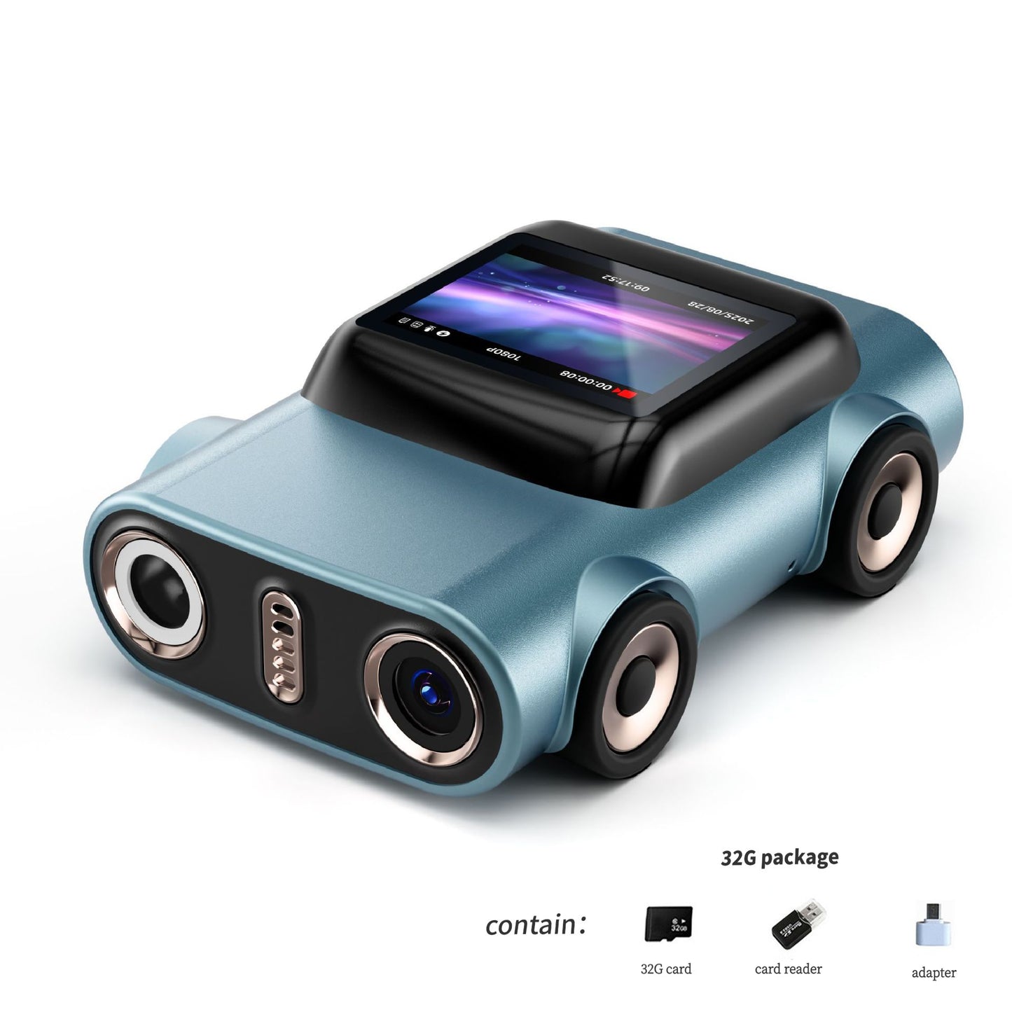 Creative Car-Shaped 2K HD Thumb Camera: Mini & Portable, Auto Focus, Clear in Low Light, Captures Every Wonderful Moment of Childhood and Life(G5 blue 32G memory card）