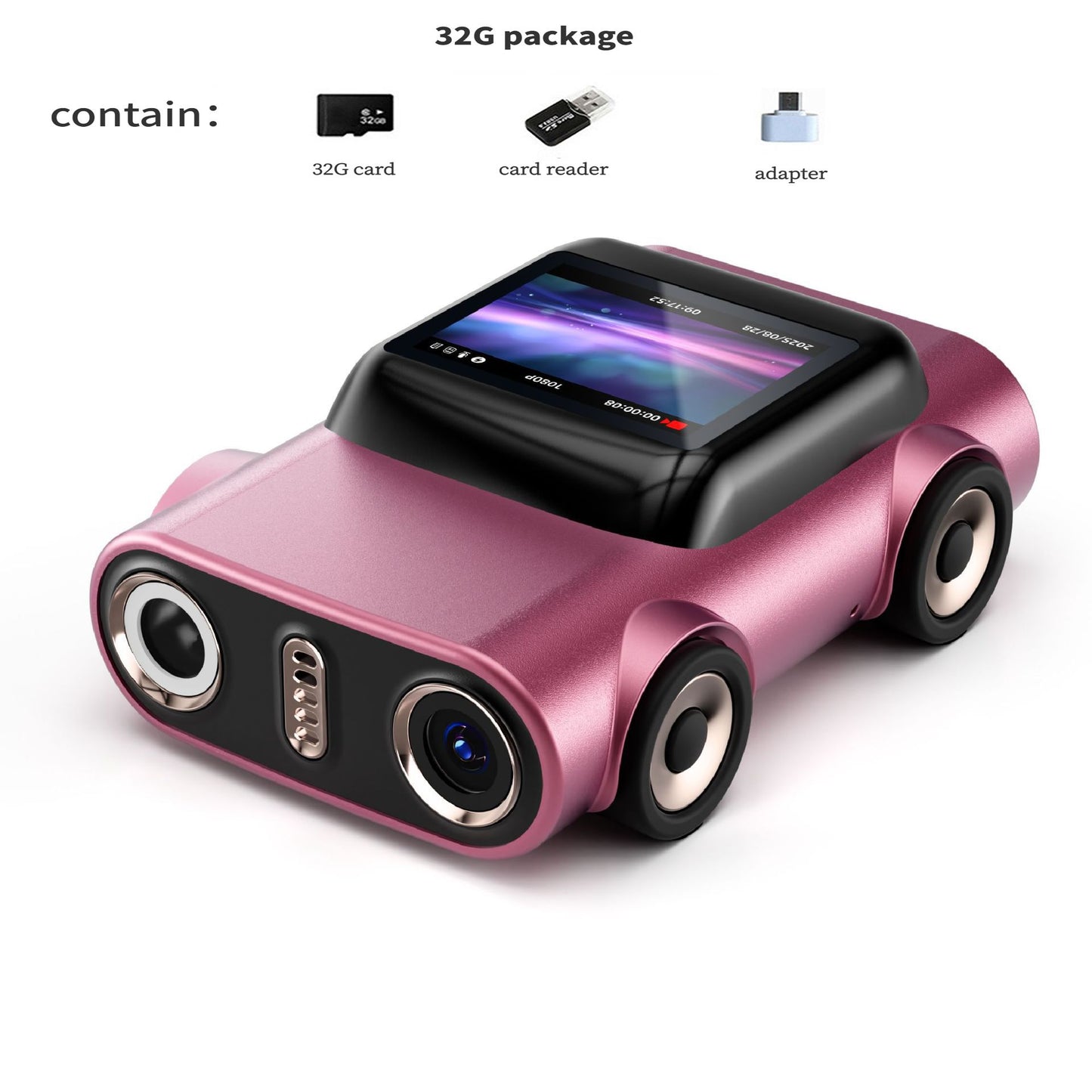 Creative Car-Shaped 2K HD Thumb Camera: Mini & Portable, Auto Focus, Clear in Low Light, Captures Every Wonderful Moment of Childhood and Life(G5 Rose Red 32G Memory Card）