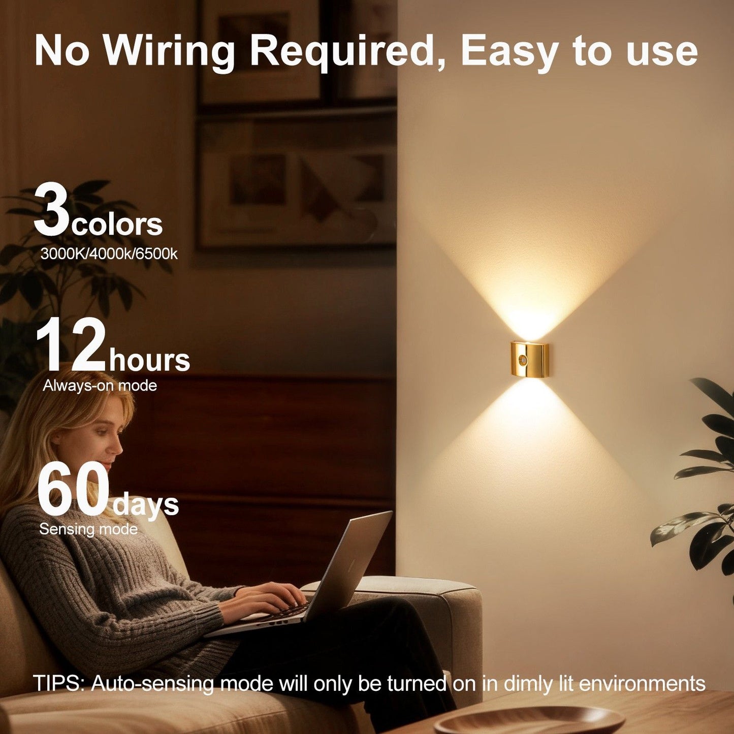 2PCS Induction wall lamp with three-color stepless dimming, 120° auto shut-off, USB rechargeable magnetic installation. Smart motion-sensing LED wall lamp, serving as both a night light and an ambient light./Chrome color