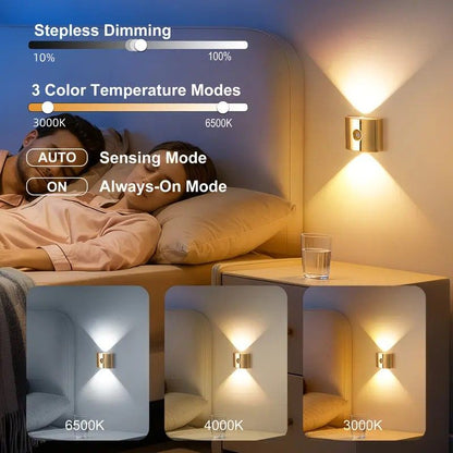 2PCS Induction wall lamp with three-color stepless dimming, 120° auto shut-off, USB rechargeable magnetic installation. Smart motion-sensing LED wall lamp, serving as both a night light and an ambient light./Chrome color