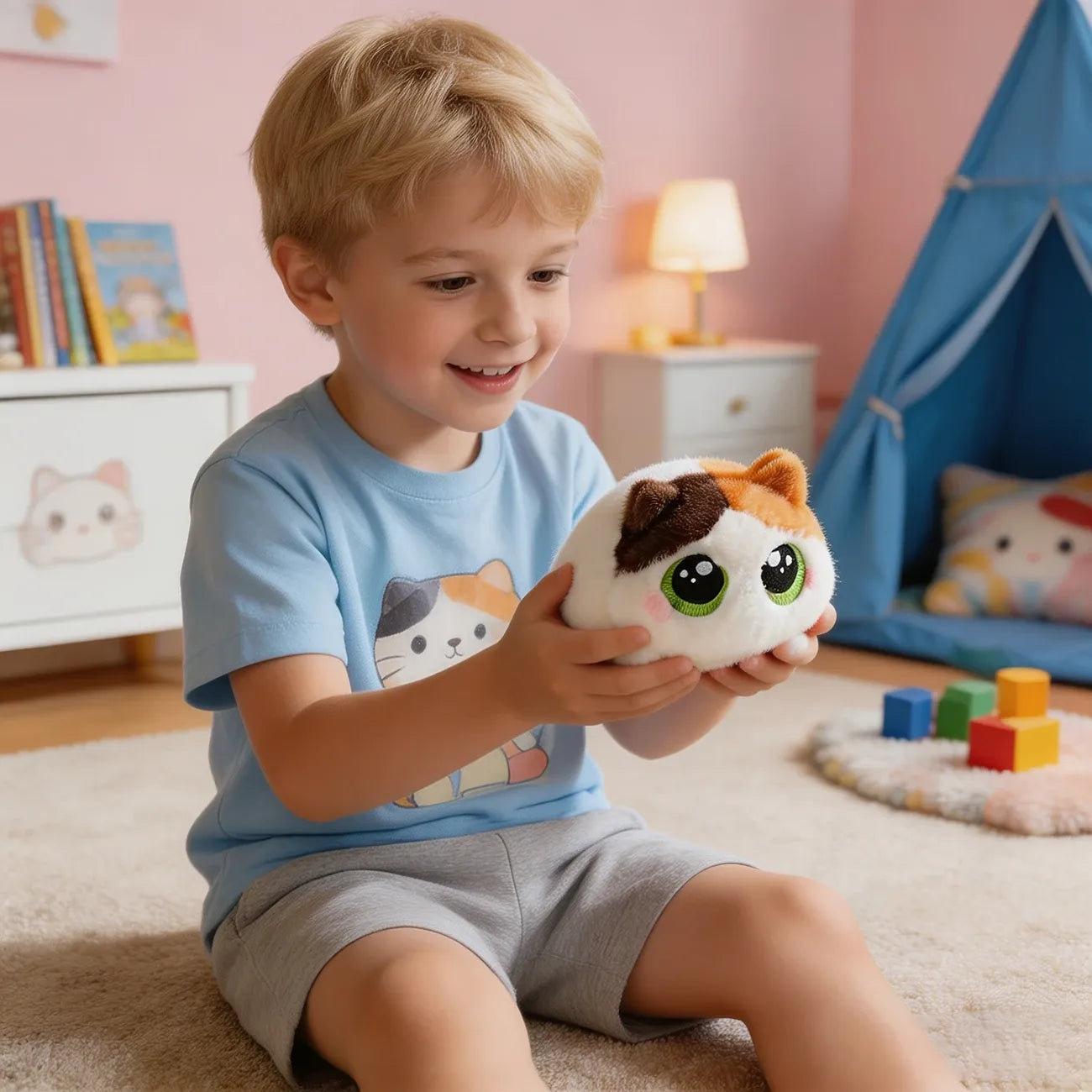 Adorable Big-Eyed Cat Plush Toy – Soft, Fluffy, Palm-Sized, Perfect for Playtime Cuddles and Soothing Companionship. (Dragon Li)