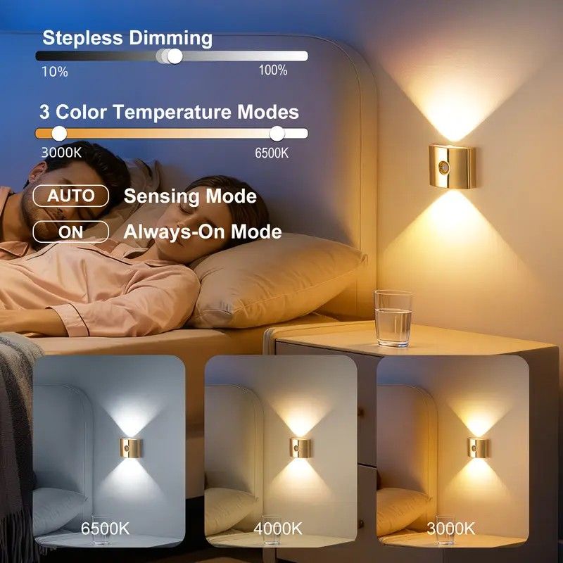 1PCS Induction wall lamp with three-color stepless dimming, 120° auto shut-off, USB rechargeable magnetic installation. Smart motion-sensing LED wall lamp, serving as both a night light and an ambient light./golden
