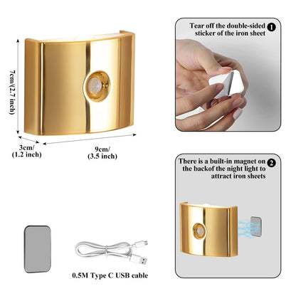 1PCS Induction wall lamp with three-color stepless dimming, 120° auto shut-off, USB rechargeable magnetic installation. Smart motion-sensing LED wall lamp, serving as both a night light and an ambient light./golden