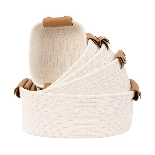 5-piece cotton rope storage basket set, cotton woven with leather handles, multiple sizes for organizing desk sundries, beautiful and practical to enhance space style.(WHITE)