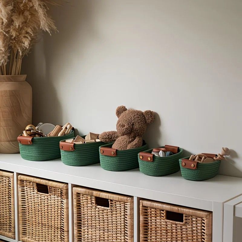 5-piece cotton rope storage basket set, cotton woven with leather handles, multiple sizes for organizing desk sundries, beautiful and practical to enhance space style.(WHITE)