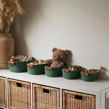 5-piece cotton rope storage basket set, cotton woven with leather handles, multiple sizes for organizing desk sundries, beautiful and practical to enhance space style.(WHITE)