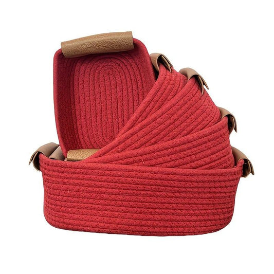 5-piece cotton rope storage basket set, cotton woven with leather handles, multiple sizes for organizing desk sundries, beautiful and practical to enhance space style.(RED)